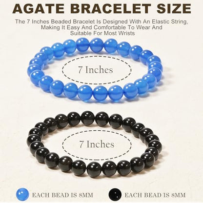 2PCS Agate Bracelet for Women Men Natural Round Beaded Agates Stone Healing Stretch Bracelets Elastic Handmade Polished Gemstone Beads Bracelet - color: Blue+Black, size: 8mm Beads