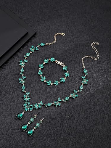 Kamirola Bridal Jewelry Set, Jewelry Set for Women, Necklace Dangle Earrings Bracelet Set, White Gold Plated (TR76) - color: Green