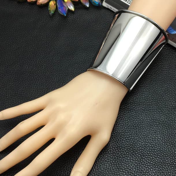 COLORFUL BLING Punk Alloy Hollow Geometric Smooth Polished Gold Hoop Open Cuff Wide Bracelet Bangle Wrist Jewelry for Women Lady - color: silver overlocking