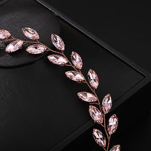 Teyglen Bride Wedding Crystal Hair Vine Full Pink Crystal Headband Bridal Hair Accessories Wedding Headpiece Handmade Pink Rhinestone Hair Piece Headband for Women Girls (Pink) - color: Pink