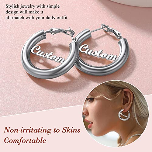 FindChic Hoop Earrings for Women, Silver/Black/14K Gold Plated Hypoallergenic Hollow Round Tube Loop Earrings, 20mm/30mm/40mm/60mm/80mm Chunky Hoops with Custom Name Options & Gift Box - color: e.Silver (Custom Name), size: 30MM