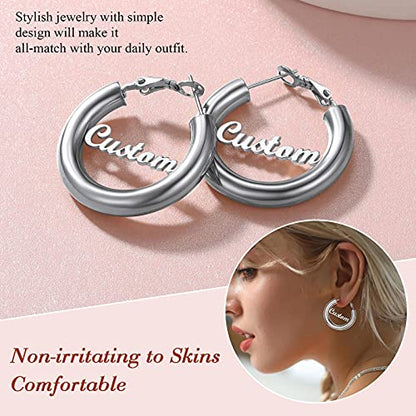 FindChic Hoop Earrings for Women, Silver/Black/14K Gold Plated Hypoallergenic Hollow Round Tube Loop Earrings, 20mm/30mm/40mm/60mm/80mm Chunky Hoops with Custom Name Options & Gift Box - color: e.Silver (Custom Name), size: 30MM