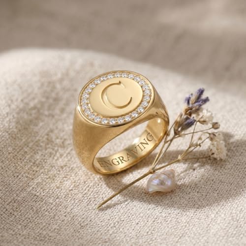 LONAGO Personalized Initial Signet Ring for Women 10K/14K/18K Gold Engraving Ring with Lab Grown Diamond Custom Letter Statement Jewelry Gift for Birthday Anniversary Wedding
