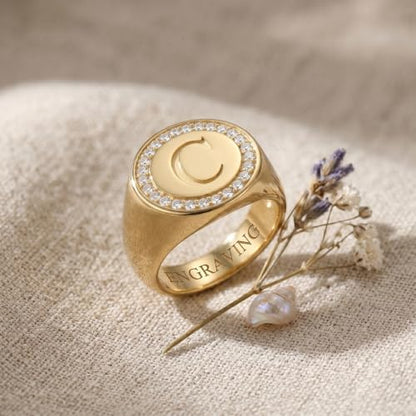 LONAGO Personalized Initial Signet Ring for Women 10K/14K/18K Gold Engraving Ring with Lab Grown Diamond Custom Letter Statement Jewelry Gift for Birthday Anniversary Wedding