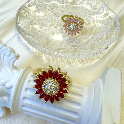 Sunflower Fidget Ring for Women Gold Anxiety Crystal Rings Cubic Zirconia Sunflower Open Adjustable Fidget Ring Spinner Sun Ring for Men Trendy Jewelry - color: Red