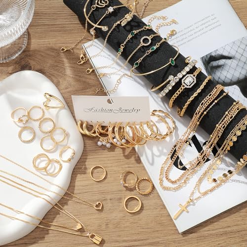 57 Pcs Gold Jewelry Set for Women,12 Pair Hoop Earrings，18 Pair Round Stud Earrings,21 Pcs Stackable Knuckle Rings,6 Pcs MultiLayer Pendant Necklaces，Fashion Accessories for women Gifts - style: Style 2