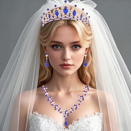 Crystal Crown and Tiara Jewelry Set for Women Bride with Necklace Earrings | Metal Rhinestone Royal Queen Princess Jewelry Set Wedding Quinceanera Pageant Prom Birthday Halloween Party Costume Gift - color: Blue
