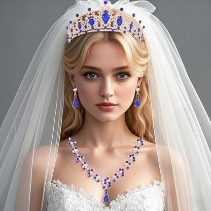 Crystal Crown and Tiara Jewelry Set for Women Bride with Necklace Earrings | Metal Rhinestone Royal Queen Princess Jewelry Set Wedding Quinceanera Pageant Prom Birthday Halloween Party Costume Gift - color: Blue
