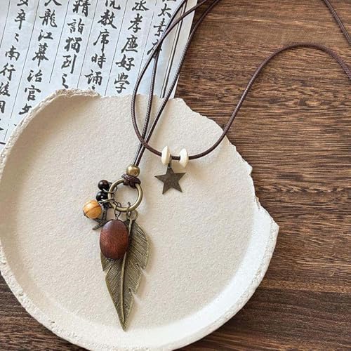 Boho Necklace for Women Long Layered Wooden Leather Leaf Pendant Statement Necklace Vintage Boho Jewelry - style: Leaf