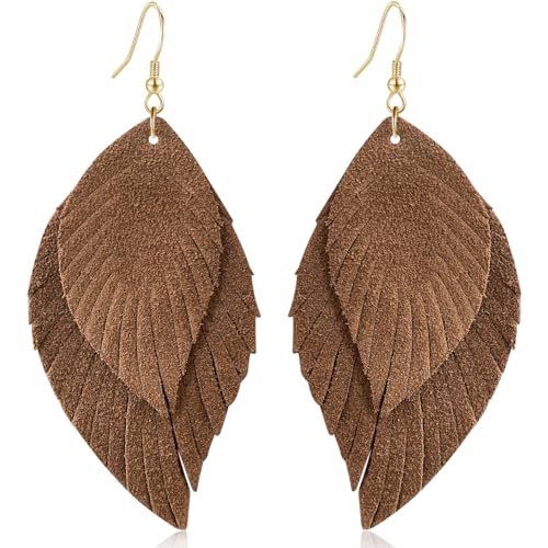Genuine Leather Handmade Fringe Feather Lightweight Dangle Drop Earrings Teardrop Tassel Hook Earrings for Women - style: 13 Brown