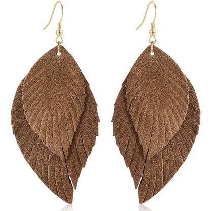 Genuine Leather Handmade Fringe Feather Lightweight Dangle Drop Earrings Teardrop Tassel Hook Earrings for Women - style: 13 Brown