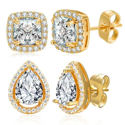 MDFUN Halo Stud Earrings 18K Gold Plated Round/Square/Heart/Teardrop Cubic Zirconia Earrings Set for Women - color: B-Square/Teardrop