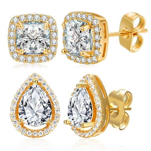 MDFUN Halo Stud Earrings 18K Gold Plated Round/Square/Heart/Teardrop Cubic Zirconia Earrings Set for Women - color: B-Square/Teardrop