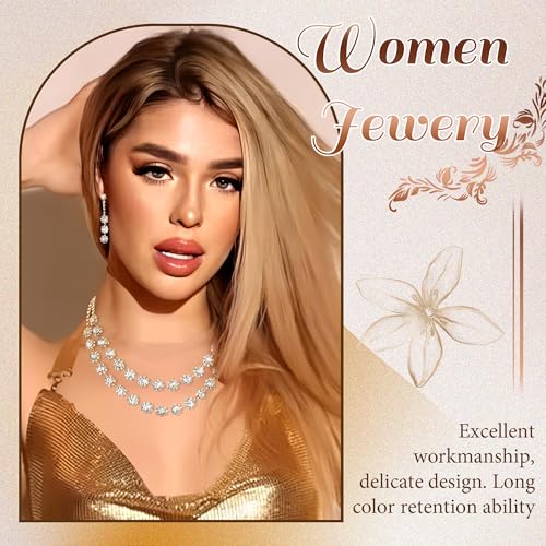 Rhinestone Jewelry Set Crystal Pearl Necklace Bracelet Earrings | Sparkly Necklace Dangle Earrings,Wedding Prom Formal Costume Jewelry Sets for Women - color: Gold7