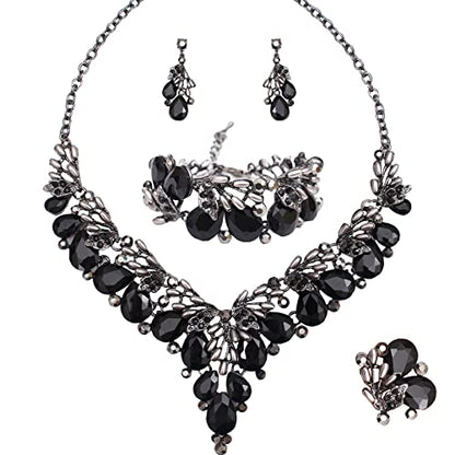 Jewelry Set for Women, Statement Necklace Dangle Earrings Bracelet Ring, White/KC Gold Plated Jewelry Set with Rhinestone Pearl Crystal Wedding Party Jewelry for Bridal Bridesmaid - color: All Black-Jet