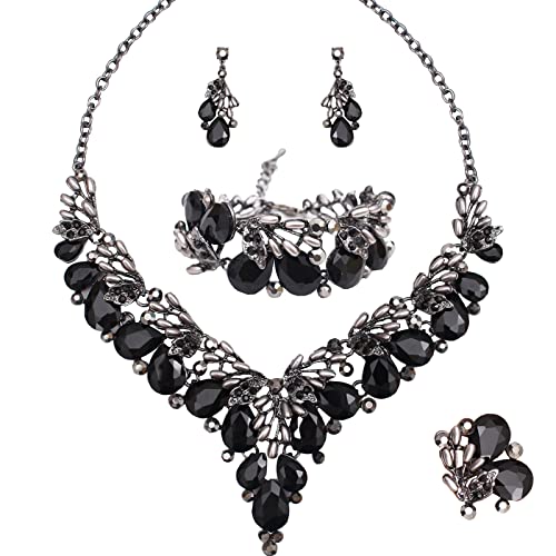 Jewelry Set for Women, Statement Necklace Dangle Earrings Bracelet Ring, White/KC Gold Plated Jewelry Set with Rhinestone Pearl Crystal Wedding Party Jewelry for Bridal Bridesmaid - color: All Black-Jet