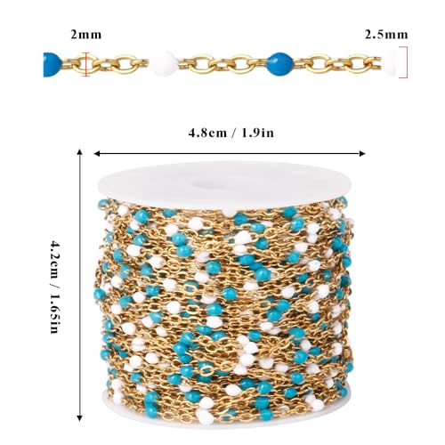 33FT 2mm Gold Cable Chains Blue White Enamel Chains Bulk for Jewelry Making | 18K Gold PVD Plated Stainless Steel Enamel Beaded Chains Roll for Necklace Bracelet - color: Gold Blue White Beads