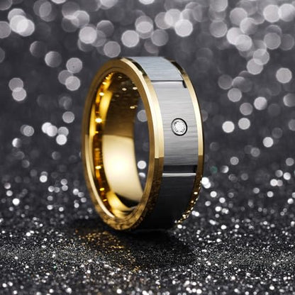 King Will Mens Tungsten Wedding Band with Cubic Zircon Inlay 7mm/8mm Flat Cut Comfort Fit Engagement Rings - color: B-Gunmetal&Gold Inlay-8mm