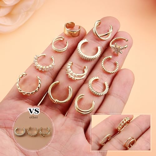 9Pcs Ear Cuff 14K Gold Plated Cuff Earrings Gold Ear Cuffs Non Pierced | Fake Conch Cartilage Earrings Ear-Clips Minimalist Non Piercing Delicate Clip-on Ear Cuffs Stackable Set - style: B-12pcs-Gold