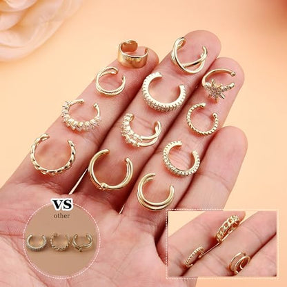 9Pcs Ear Cuff 14K Gold Plated Cuff Earrings Gold Ear Cuffs Non Pierced | Fake Conch Cartilage Earrings Ear-Clips Minimalist Non Piercing Delicate Clip-on Ear Cuffs Stackable Set - style: B-12pcs-Gold
