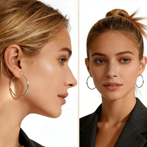 5/8 Pairs Gold Silver Hoop Earrings for Women Stainless Steel Jewelry Set | 30 40 50 60 70 mm, 14K Gold Plated Stainless Steel, Hypoallergenic, Lightweight, Thin, Small Medium Large Dangle - color: 8 Pair/Silver+Gold (30/40/50/60mm)