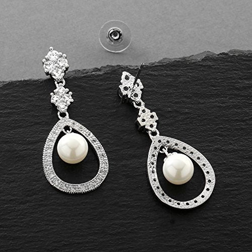 Mariell Pearl Bridal Wedding Earrings for Bride, Pearl Jewelry for Bridesmaid, Prom, Mother of the Bride - color: Silver Pierced