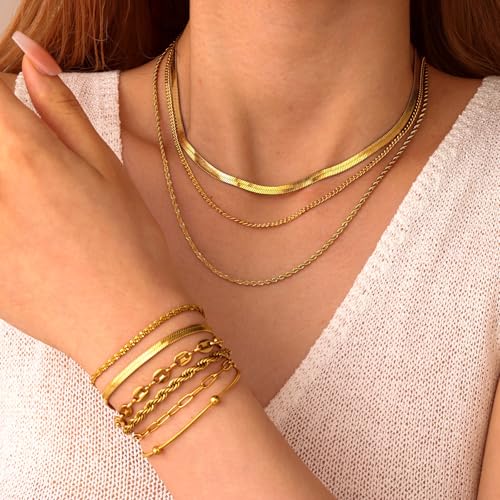 18K Gold Plated Necklace Bracelet Set Womens Stackable Adjustable Stainless Steel Minimalist Modern Everyday Jewelry Gift Gold and Silver - style: 9 Pcs Glod Jewelry Set