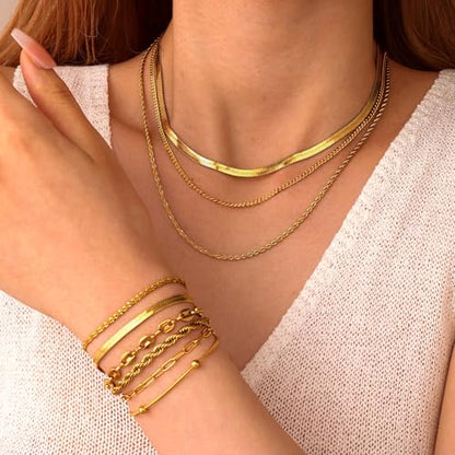 18K Gold Plated Necklace Bracelet Set Womens Stackable Adjustable Stainless Steel Minimalist Modern Everyday Jewelry Gift Gold and Silver - style: 9 Pcs Glod Jewelry Set