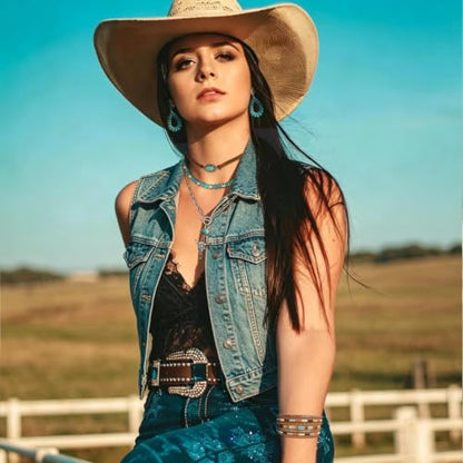 RechicGu Western Jewelry For Women Bohemian Turquoise Dangle Earrings Necklace Bracelet Set, Bullhead Pendant Layered Choker Boho Faux Leather Wristband Country Concert Cowgirl Accessories - color: Jewelry Set A