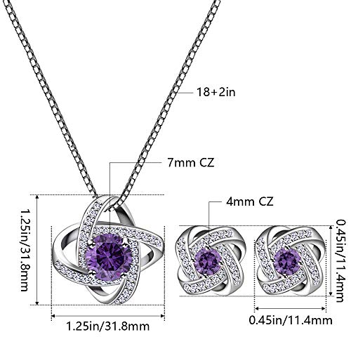 AMYJANE Bridal Jewelry Set for Women - Crystal Cubic Zirconia Love Knot Necklace Stud Earrings Elegant CZ Jewelry Set for Wedding Bride Bridesmaids Gift Set - color: Amethyst(14k White Gold Plated)
