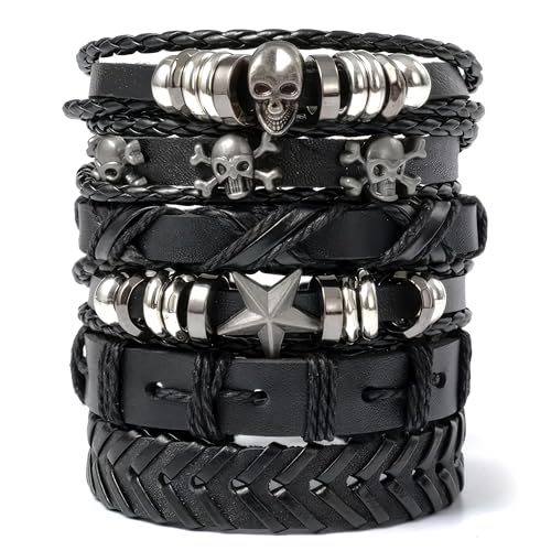 6 Pcs Leather Goth Bracelets, Adjustable 7-11 In, Skull and Star | Emo Bracelet Set, Gothic Faux Cuffs; Punk Rock Wristbands; Braided, Stackable; for Festivals, Alt Outfits and Daily Wear