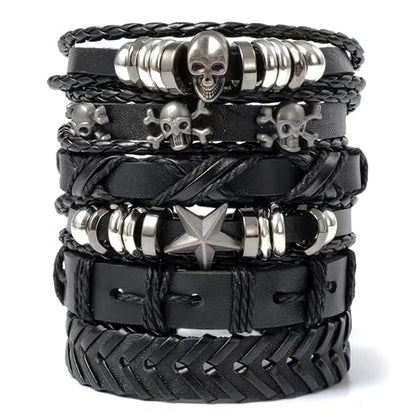 6 Pcs Leather Goth Bracelets, Adjustable 7-11 In, Skull and Star | Emo Bracelet Set, Gothic Faux Cuffs; Punk Rock Wristbands; Braided, Stackable; for Festivals, Alt Outfits and Daily Wear