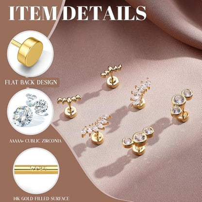 14K Gold Plated 925 Sterling Silver Flat Back Earrings Set | Hypoallergenic Cartilage Helix Conch Tragus Piercing Jewelry 3 Pairs Small Screw Dainty CZ Opal Earring Set Men Women - color: Gold, Style E