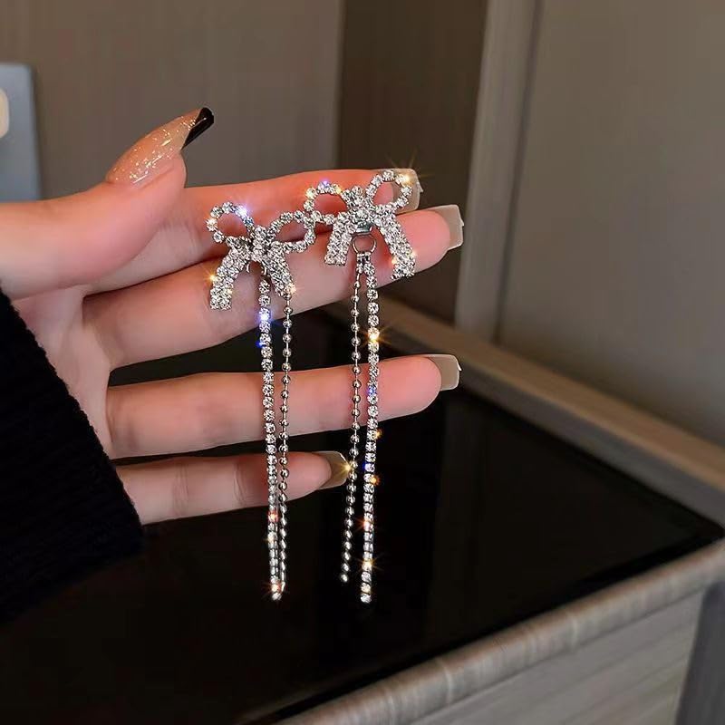 Gold Bow Earrings for Women, Long Tassel Chain Drop Earrings, Trendy Small Bow Earrings, Ribbon Waterfall Dangling Earrings, Pearl Bow Earrings, Sparkly Elegant Bowknot Preppy Jewelry Gifts for Women - color: Gold Bow-N