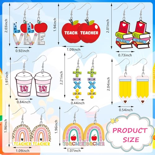 8 Pairs Teacher Acrylic Earrings Dangle for Women | Rainbow Pencil Book Earrings, Graduation Back to School Teacher Appreciation Gifts, Acrylic Material, Double Side Jewelry - style: Teacher’s Day