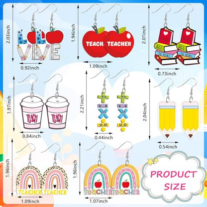 8 Pairs Teacher Acrylic Earrings Dangle for Women | Rainbow Pencil Book Earrings, Graduation Back to School Teacher Appreciation Gifts, Acrylic Material, Double Side Jewelry - style: Teacher’s Day