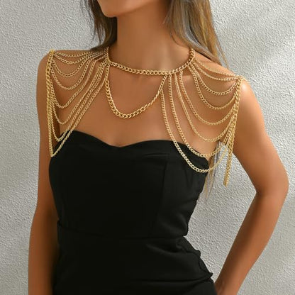 Gold Body Chain Shoulder Chain Punk Layered Arm Chain Women Tasssel Shoulder Necklace Party Nightclub Bridal Body Jewelry