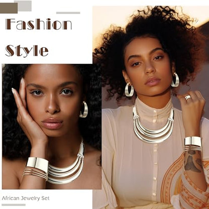 JOERICA Bib Choker Necklace Silver Gold Jewelry Set Wide Cuff Bangle Bracelet Open Hoop Earrings Adjustable Ring Chunky Silver Gold Statement Costume Jewelry Set for Women - color: Silver Tone