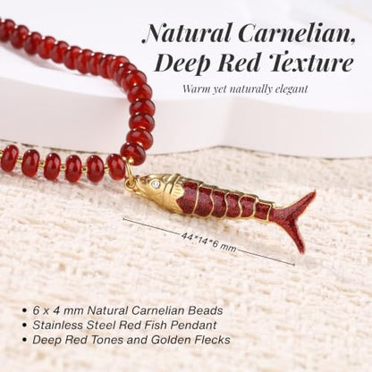 SAMYA Gemstone Beaded Necklace for Women, Natural Stone Ocean Jewelry | Fish or Seashell Pendant Beach Necklace, Gold Spacer Accents, Reinforced Stainless Steel Clasp, Adjustable 16"+2" - color: Carnelian
