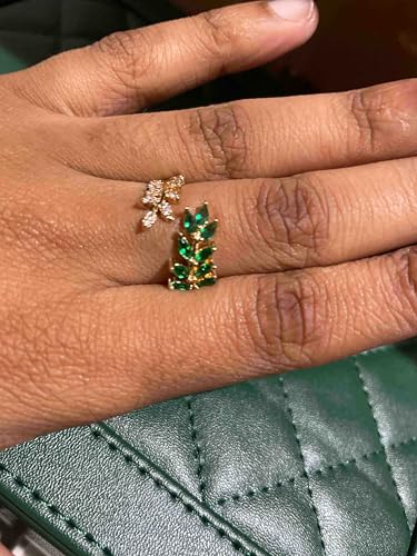 Adjustable Open Leaf & Vine Ring with Gemstone & Diamond | Cuff Deco Ring for Women Men | Adjustable Cuff Vine Leaf Deco Rings - color: Gold Green