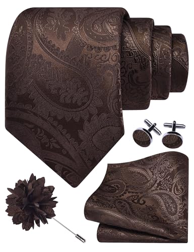 GUSLESON Paisley Tie Set for Men 3.15" Necktie Lapel Pin Hankerchief Cufflinks Set for Men - color: Dark Brown