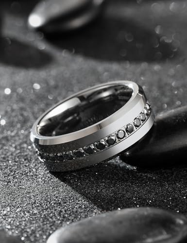 King Will 8mm Tungsten Carbide Rings for Men Cubic Zircon Stones Inlay - color: Gunmetal-Black Gemstones 8mm