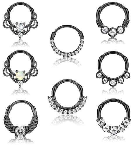 8PCS 16G Septum Clicker Ring Stainless Steel CZ Opal Cartilage Helix Tragus Hoop Daith Earrings Nose Rings Hoop Hinged Segment Clicker Ring Piercing Jewelry - color: black tone 10mm
