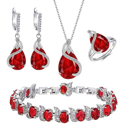 EVER FAITH Wedding Jewelry Set for Bride Bridesmaid, Glamour Teardrop Cubic Zirconia Pendant Necklace Earrings Tennis Bracelet Open Ring Sets for Birthday/Valentine's Day/Mother's Day/Christmas - color: A_Red Silver-Plated-Brass