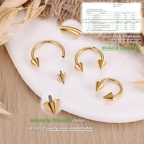 G23 Titanium 14/16/18/20G Septum Rings Horseshoe Nose Ring Jewelry | 2/3Pcs Circular Barbell Spike Lip Body Piercing Jewelry Conch Helix Tragus Earring Silver/Black 8/10/12mm 14K Gold Plated - color: Gold-3pcs, size: Spike-3pcs-16g-8/10/12mm