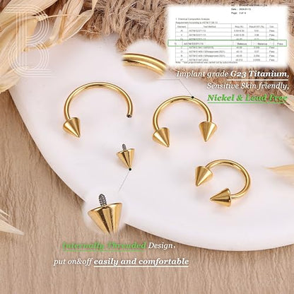G23 Titanium 14/16/18/20G Septum Rings Horseshoe Nose Ring Jewelry | 2/3Pcs Circular Barbell Spike Lip Body Piercing Jewelry Conch Helix Tragus Earring Silver/Black 8/10/12mm 14K Gold Plated - color: Gold-3pcs, size: Spike-3pcs-16g-8/10/12mm