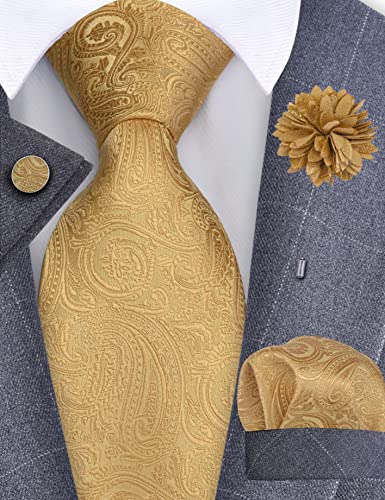 GUSLESON 3.15"（8cm） Mens Tie and Lapel Pin Paisley Necktie Hankerchief Cufflinks Set for Men - color: Gold