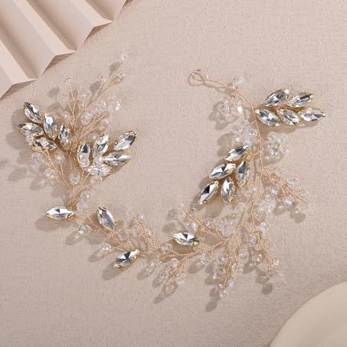 Teyglen Gold Flower Rhinestone Bride Wedding Hair Vine Bridal Crystal Headband for Women Head Piece Wedding Hair Accessories for Women Bridesmaid Headpiece (Gold) - color: Gold