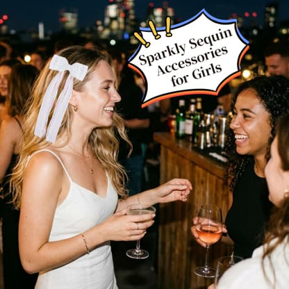 Girls White Sequin Hair Bow Clip with Long Sequin Streamers, Shiny Non-shed | 2Pcs Handmade Ribbon Wrapped Non-slip Alligator Clips, Hair Accessories for Party Daily School Birthday Photo Shoots - color: White