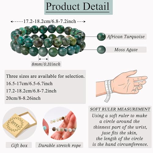 Bivei Natural Crystals Gemstone Healing Stretchy Round Beaded Bracelet | 8MM Semi Precious Beads Bracelet, Handmade Spiritual Jewelry Gift for Women Men,Enhance Positive Energy - color: 8mm Moss Agate & African Turquoise (Peace & Prosperity), size: Medium